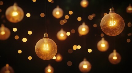 Wall Mural - Glowing vintage light bulbs hanging on dark background with bokeh.