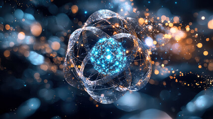 Wall Mural - 3d atomic structure in dark blue space, holographic glowing sphere of blue energy on abstract backgr