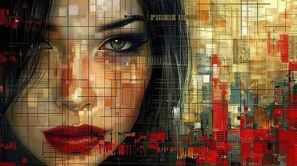 Wall Mural - A digital artwork blending a woman's face with abstract geometric patterns and colors.