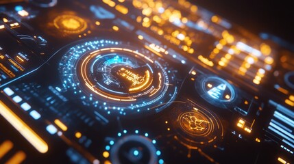 Futuristic digital interface with glowing HUD elements.