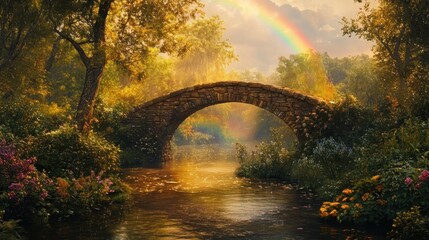 Wall Mural - Stone arch bridge over calm river, rainbow, autumnal foliage.