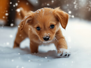 Wall Mural - small puppy enjoing snow