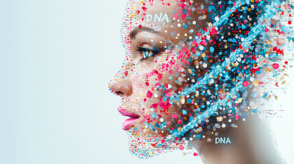 Aufkleber - Creative representation of DNA and beauty with colorful dots overlaying a woman's profile