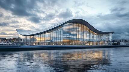 Canvas Print - Modern glass building by the river at sunset.