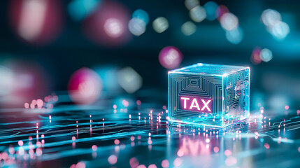 Poster - tax concept with glowing cube on a futuristic background filled with colorful lights