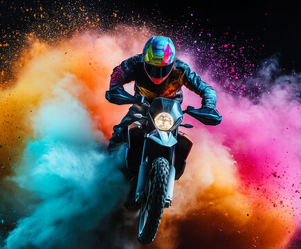 a man on a motorcycle passes through an explosion of various colors, a splash of various colors