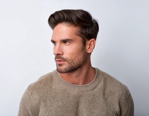 man wearing a casual sweater with his face turned slightly to the side and a pensive, downcast gaze