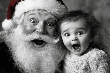 Wall Mural - Cheerful festive season, Ñute baby girl astounded with santa claus. Christmas ad concept graphic for advertisement and social media use. Kids santa claus ad. Holiday gifts visuals.