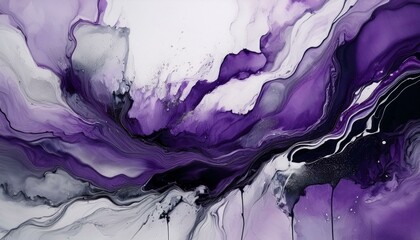 Wall Mural - A wash of muted purple tones blending into a pale gray background. Jagged black ink stains r 