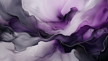 Wall Mural - A wash of muted purple tones blending into a pale gray background. Jagged black ink stains r 