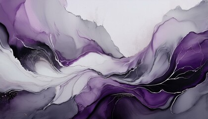 Wall Mural - A wash of muted purple tones blending into a pale gray background. Jagged black ink stains r 
