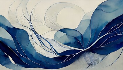 Wall Mural - Freeform indigo watercolor shapes with rough, uneven edges. Thin black cross-hatching adds d