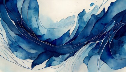 Wall Mural - Freeform indigo watercolor shapes with rough, uneven edges. Thin black cross-hatching adds d