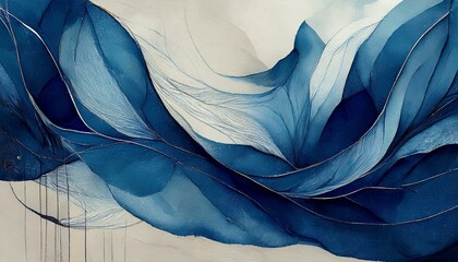 Wall Mural - Freeform indigo watercolor shapes with rough, uneven edges. Thin black cross-hatching adds d