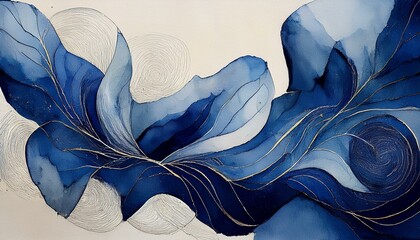Wall Mural - Freeform indigo watercolor shapes with rough, uneven edges. Thin black cross-hatching adds d