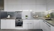 © Jay Nandu - Small but functional white kitchen with clean-lined cabinetry, a reflective backsplash, a co