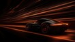 © Sergey - Futuristic silhouette of the car in motion, aerodynamic body, high-tech and ultra-modern look. Stripes of orange neon light and shadow create a tunnel on dark tones, a sense of speed and energy.