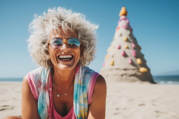 Portrait of happy senior woman on beach with Christmas tree in background