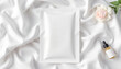 © El Melocoton - Facial mask sheet mockup on textured white cloth, skincare concept