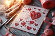 © YURIMA - A handcrafted Valentines Day card adorned with hearts, symbolizing love and romance, surrounded by various crafting materials, creating a cozy atmosphere that evokes affection and joy