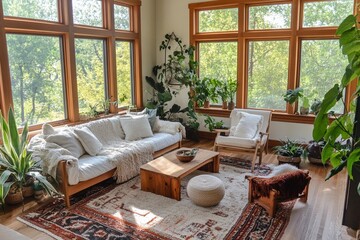 A vibrant, eco-friendly home with indoor plants, sustainable materials, and natural light creating a warm, inviting atmosphere