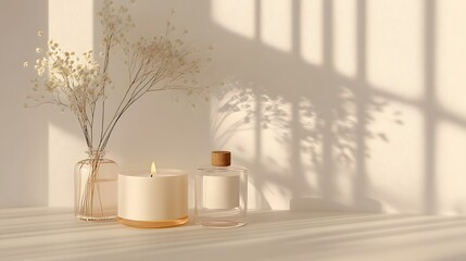 Wall Mural - Mockup of an aesthetic glass product bottle and candle