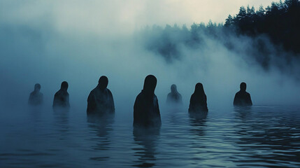 Wall Mural - A mysterious tower by a mist-covered lake, with blue and white flames dancing atop, casting spectral light on the water below.