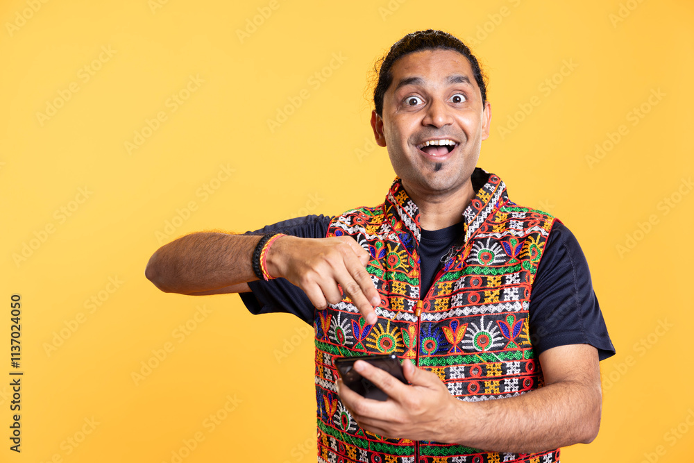 Portrait of awestruck person using cellphone, feeling excited after ...