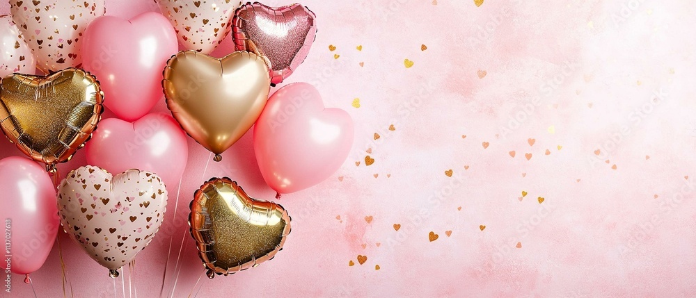 Happy valentines day banner. Pink and gold hearts foil balloons with ...