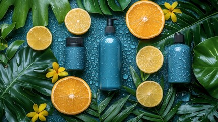 Canvas Print - Tropical skincare products with oranges and lush green leaves