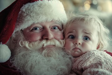 Wall Mural - Xmas promotion concept snapshot for print ad and online networks use. Happy christmas, Ñute baby girl upset with santa claus. Kids baby santa lap. Santa ad kids happy. Santa toddler photo ad.