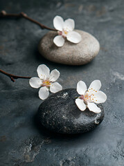 Peaceful spa stones with delicate flowers completing a zen atmosphere