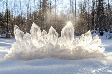 Wall Mural - Sunlight creates a starburst as it shines through a cluster of ice crystals standing on a bed of sparkling snow in a winter wonderland forest