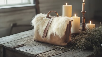 Wall Mural - Elegant Stylish Bag with Fur Detail on Rustic Wooden Table