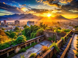 Wall Mural - Dawn breaks over majestic peaks, illuminating a city's breathtaking urban landscape; a photographer's sunrise dream.