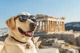 Amusing labrador dog in sunglasses posing as a tourist in front of the parthenon temple