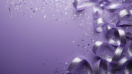 Wall Mural - festive purple background with glittering silver ribbons and scattered confetti, celebration or holi