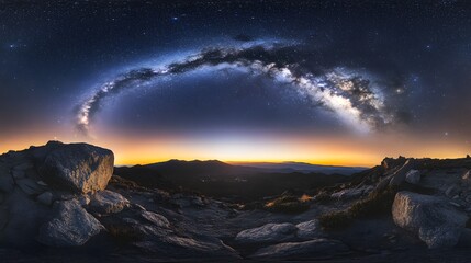 Wall Mural - night landscape with the milky way galaxy arching over rugged mountain terrain at sunrise with golde