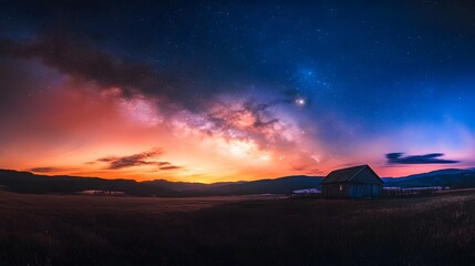 Wall Mural - rustic cabin under milky way galaxy with vibrant twilight sky and mountain silhouette in rural lands