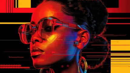 Wall Mural - A vibrant digital portrait of a woman wearing sunglasses, blending technology and culture.