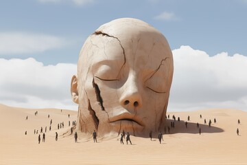 Aufkleber - Surreal scene of a giant cracked stone face buried in desert sand with small human figures exploring the surroundings