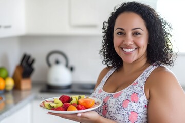 A cheerful woman is joyfully holding a colorful plate of fresh fruits, promoting healthy eating habits and lifestyle choices for effective weight loss and thoughtful meal planning