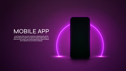Smartphone display with neon glowing ring for your product or app presentation. Mobile digital screen on dark pink background. Realistic phone for applications presentations. Vector illustration