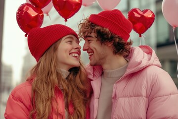 A young couple celebrates Valentines Day, surrounded by colorful heartshaped balloons, sharing smiles and intimate moments in a charming outdoor romantic setting filled with nature