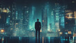 © Faisal - A businessman standing against the futuristic cityscape, envisioning the next big steps in business growth, with a hopeful perspective for the coming year.