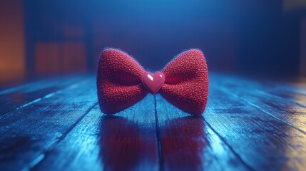 Pink Bow Tie with Heart Detail on Dark Blue Wooden Surface