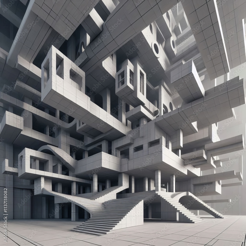 An abstract architectural design featuring complex geometric shapes and ...