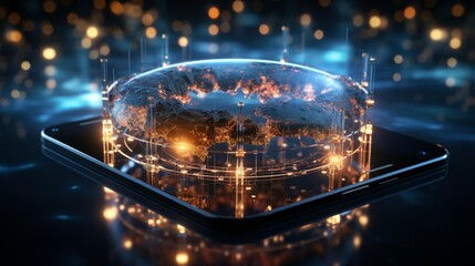 Canvas Print - A cell phone is displayed on a table with a globe on top of it