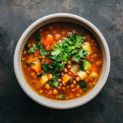 Sticker - A bowl of hearty lentil soup with chunks of vegetables and a garnish of fresh parsley, Centered in a minimalist ceramic bowl, Overhead view with soft ambient light