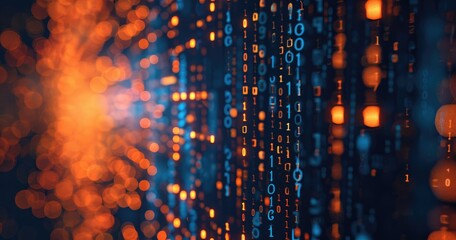 Abstract digital background with binary code and glowing particles.